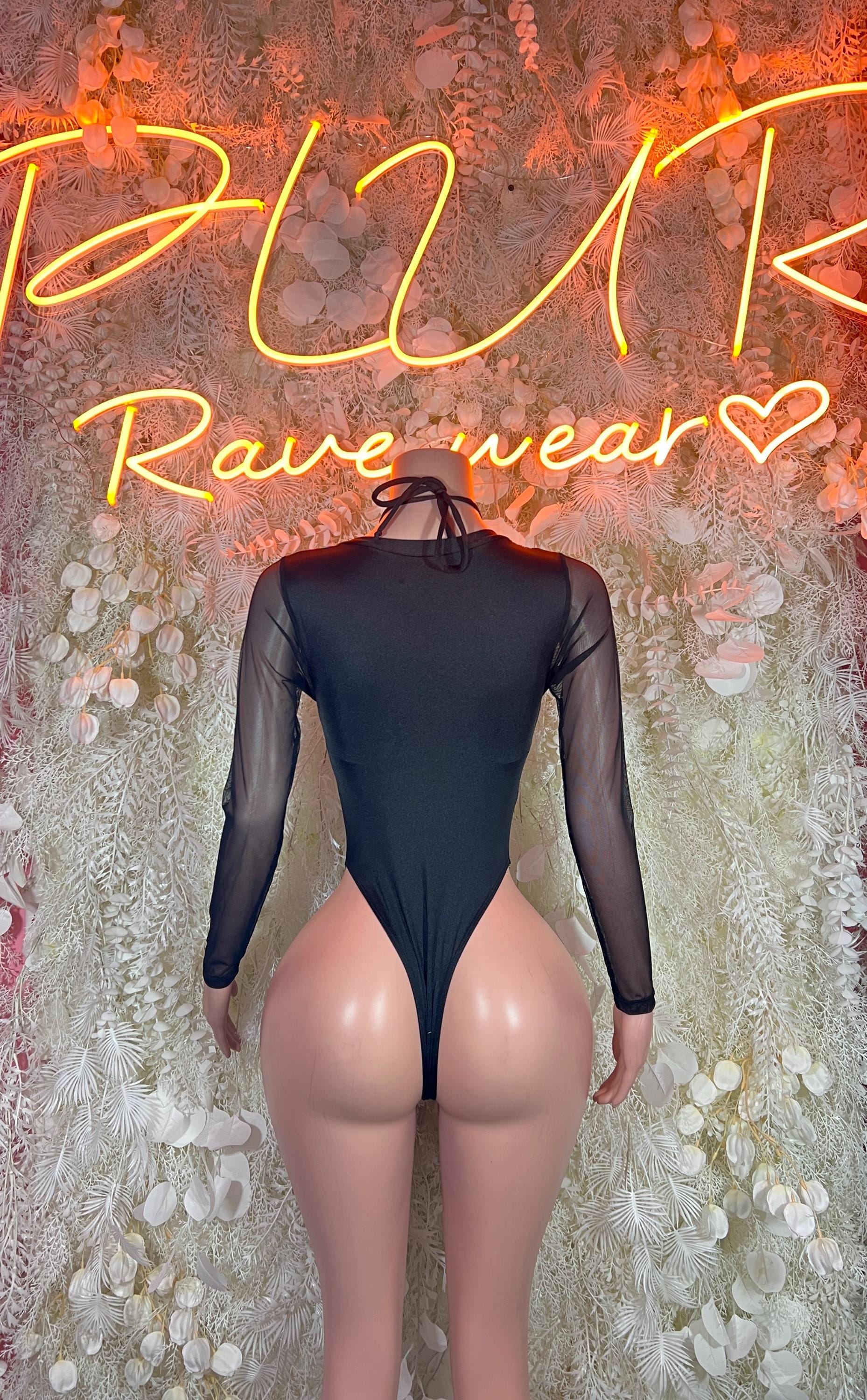 Black backless long-sleeve rave bodysuit with multicolor metallic print