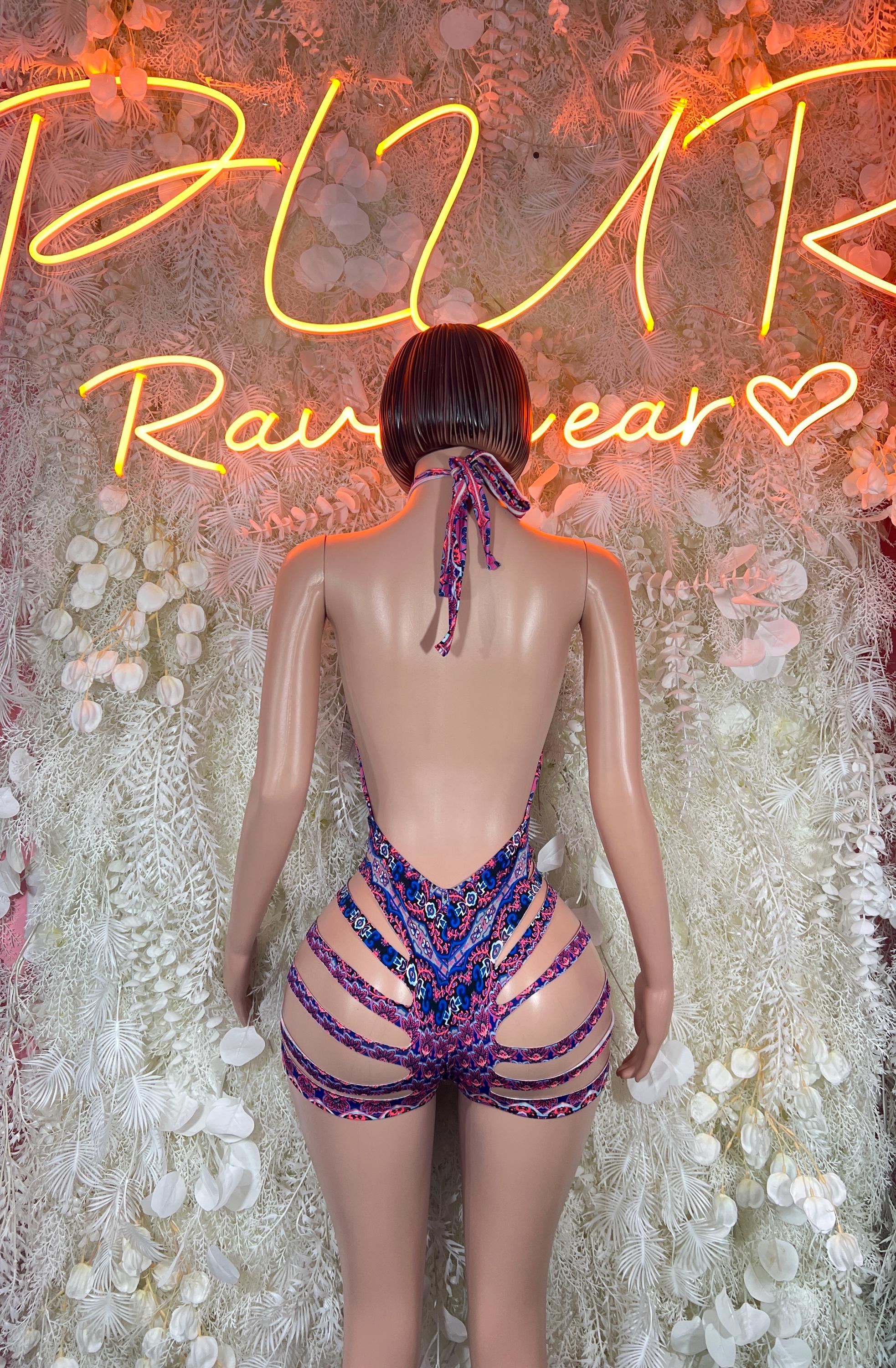 Multicolor strappy back bodysuit with open neckline and purple-blue striped front