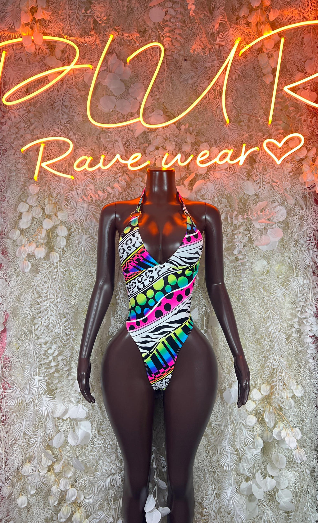 Multicolor halter one-piece bodysuit with geometric zigzag rainbow print and cutout