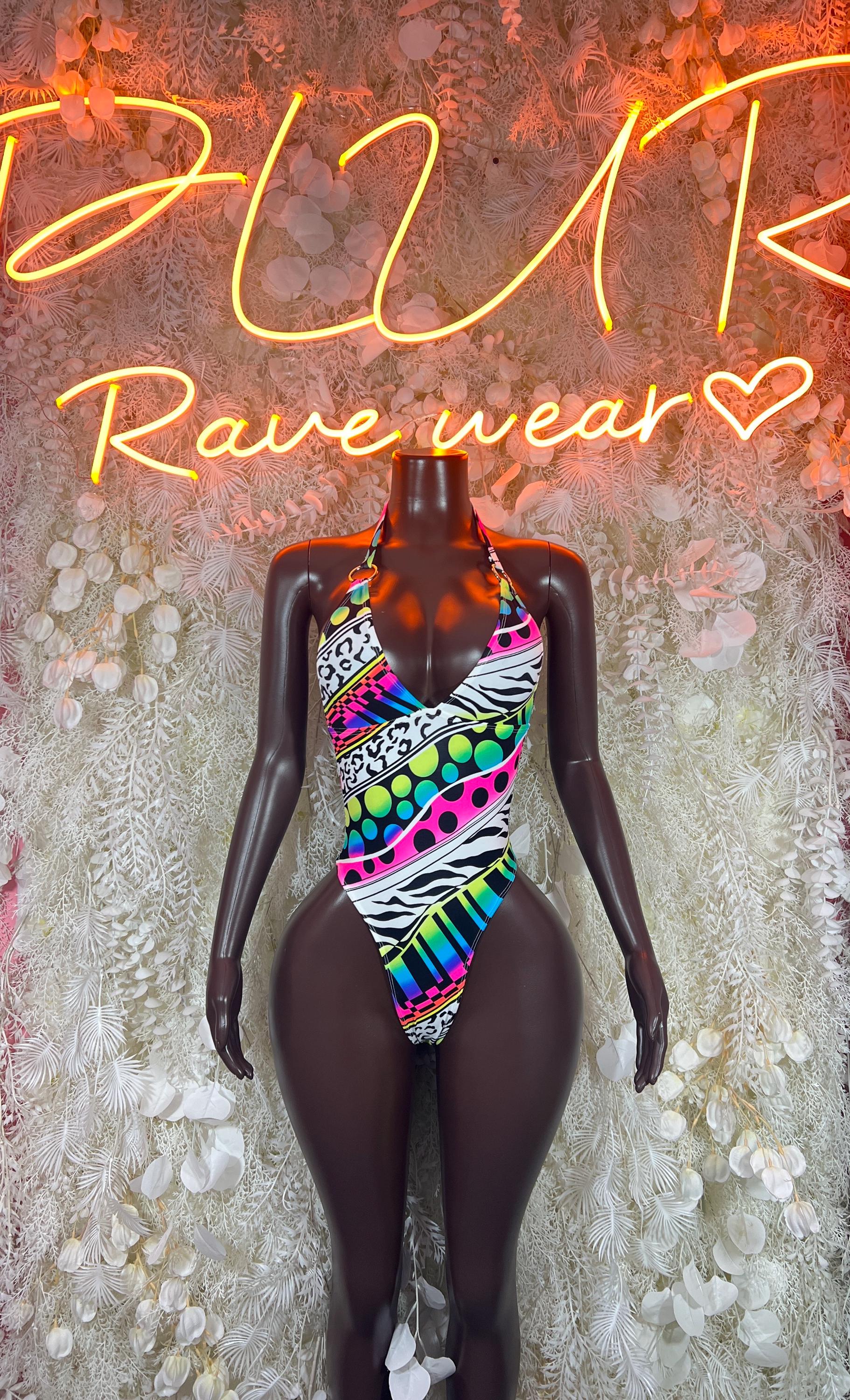 Multicolor halter one-piece bodysuit with geometric zigzag rainbow print and cutout