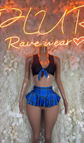 Two-piece rave skirt set: black and blue plaid ruffle bra top with mini skirt