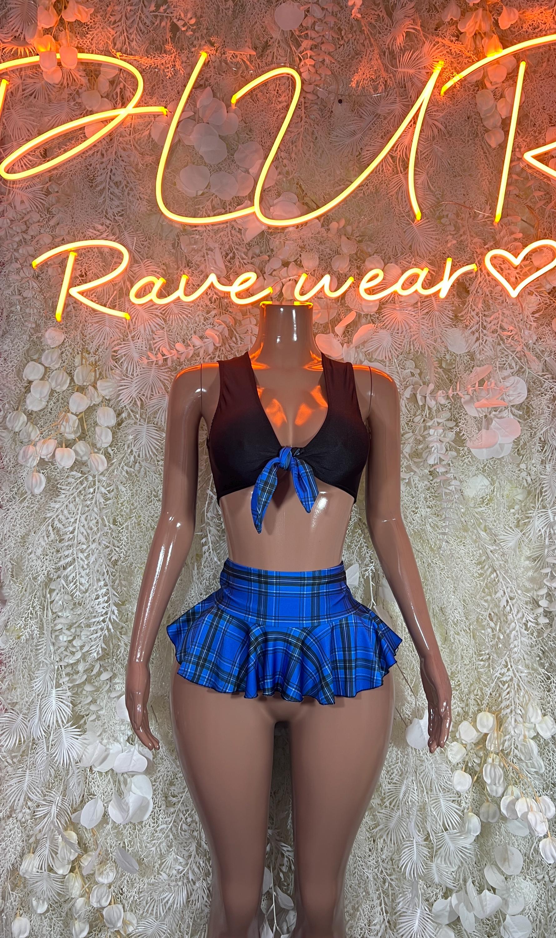 Two-piece rave skirt set: black and blue plaid ruffle bra top with mini skirt