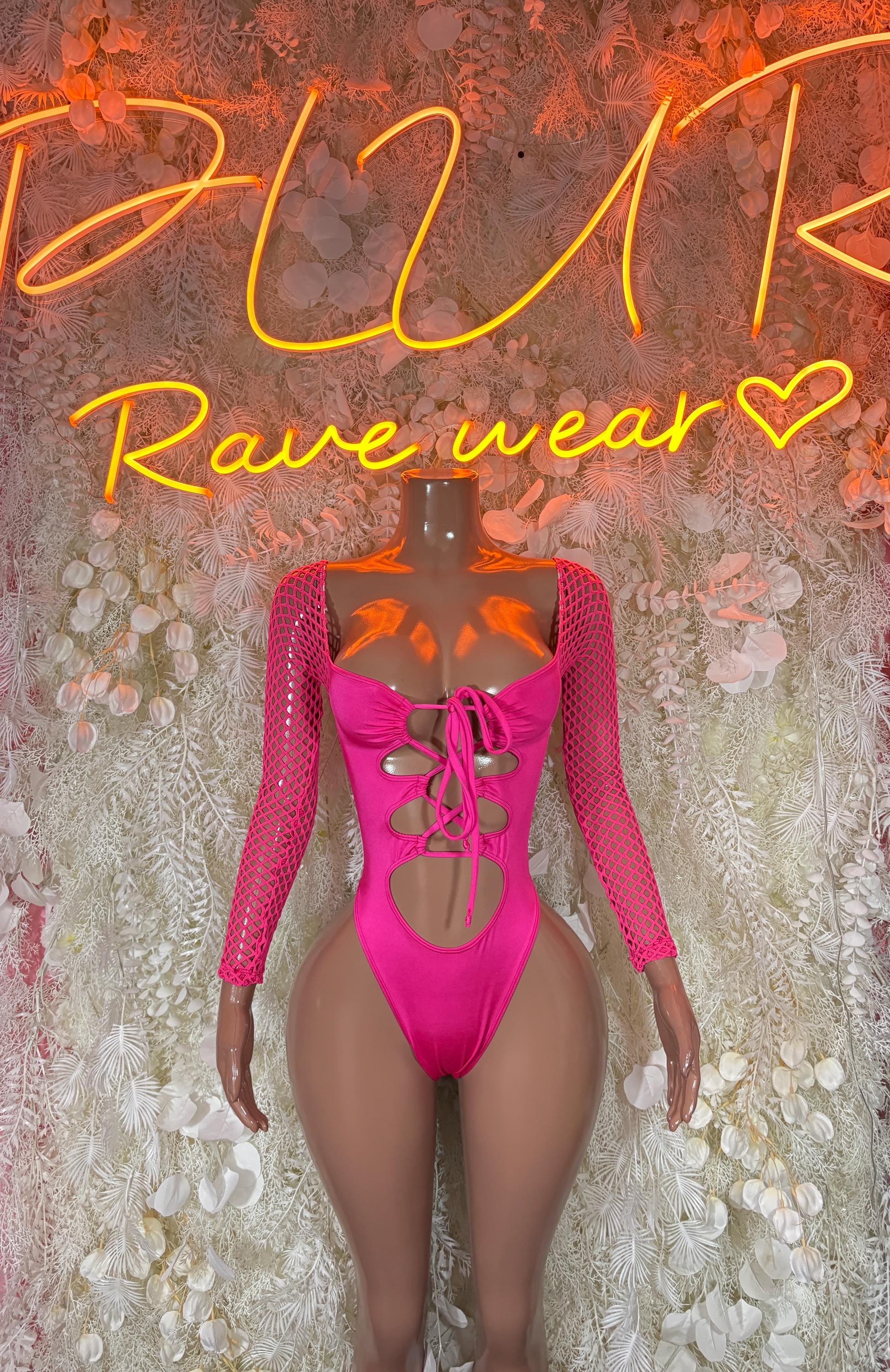 Pink one-piece rave bodysuit with long mesh sleeves and lace-up front
