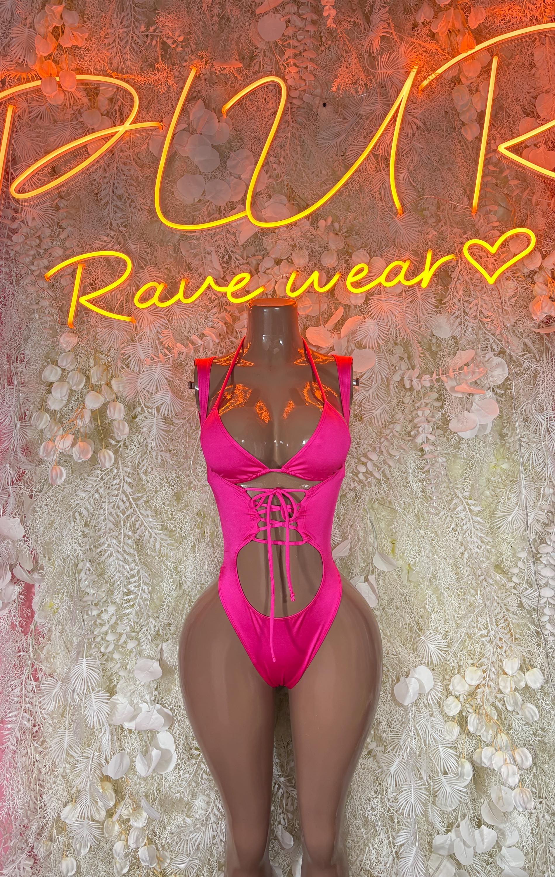 Pink lace-up bodysuit with front cutout and thong bottom
