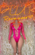 Pink mesh rave bodysuit with long sleeves, V-neck and lace-up front, one-piece