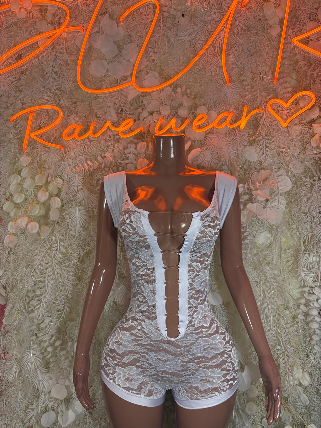 White lace bodysuit with sweetheart neckline and thong-style back