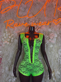 Neon green lace bodysuit with plunging front keyhole and sleeveless halter straps