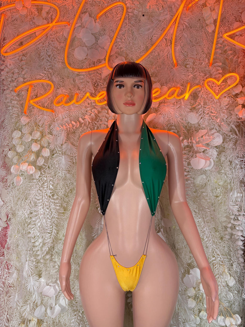 Jamaican-flag color halter bodysuit, green/black panels with yellow front