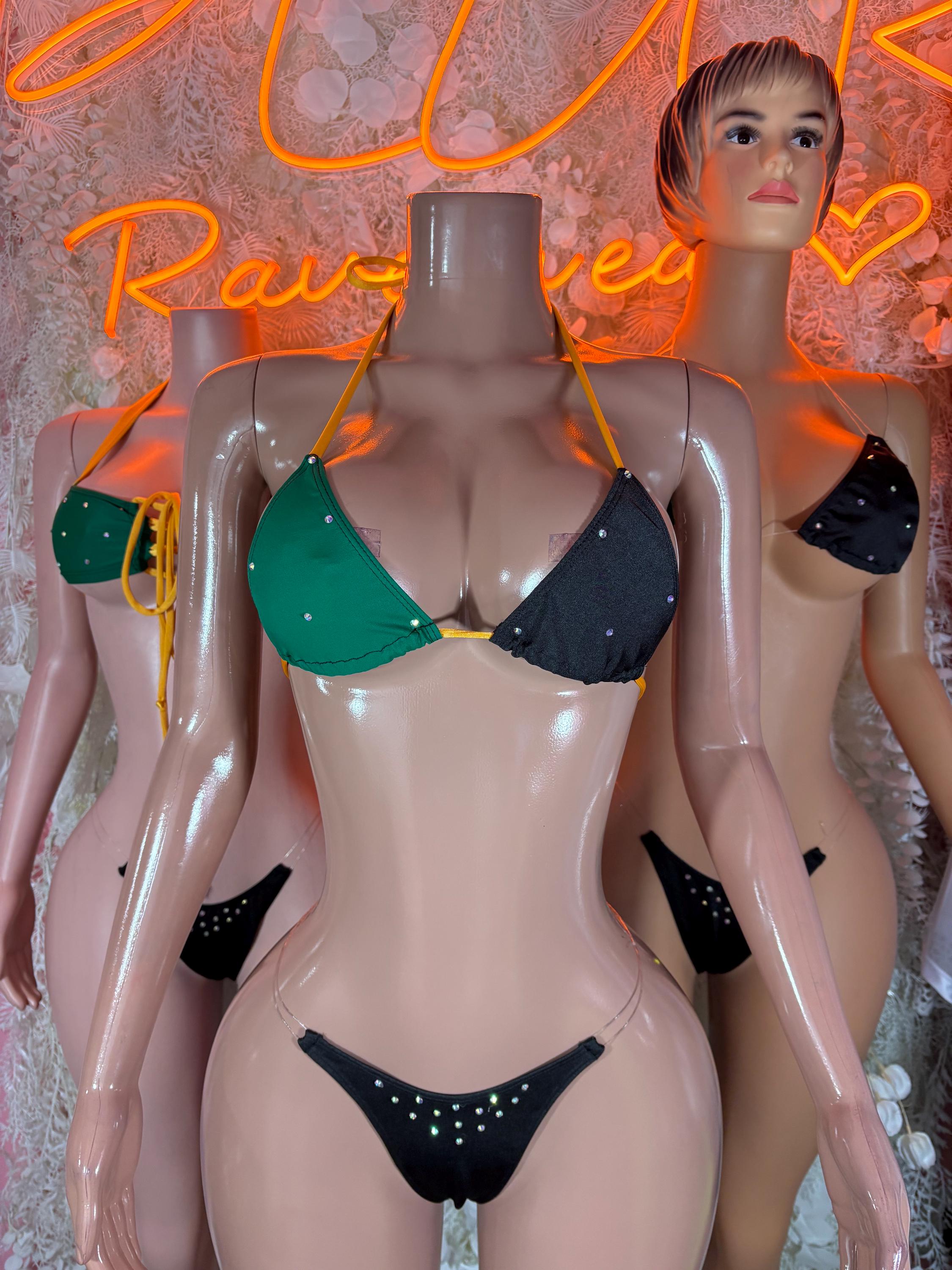 Jamaican flag two-piece bikini with green/black triangle top and black rhinestone mini bottom
