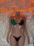 Jamaican flag two-piece bikini with green and black triangle top and black rhinestone briefs
