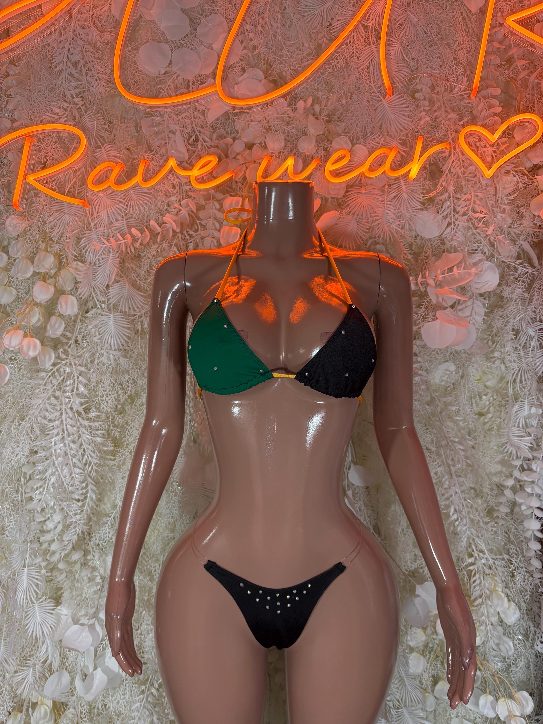 Jamaican flag two-piece bikini with green and black triangle top and black rhinestone briefs