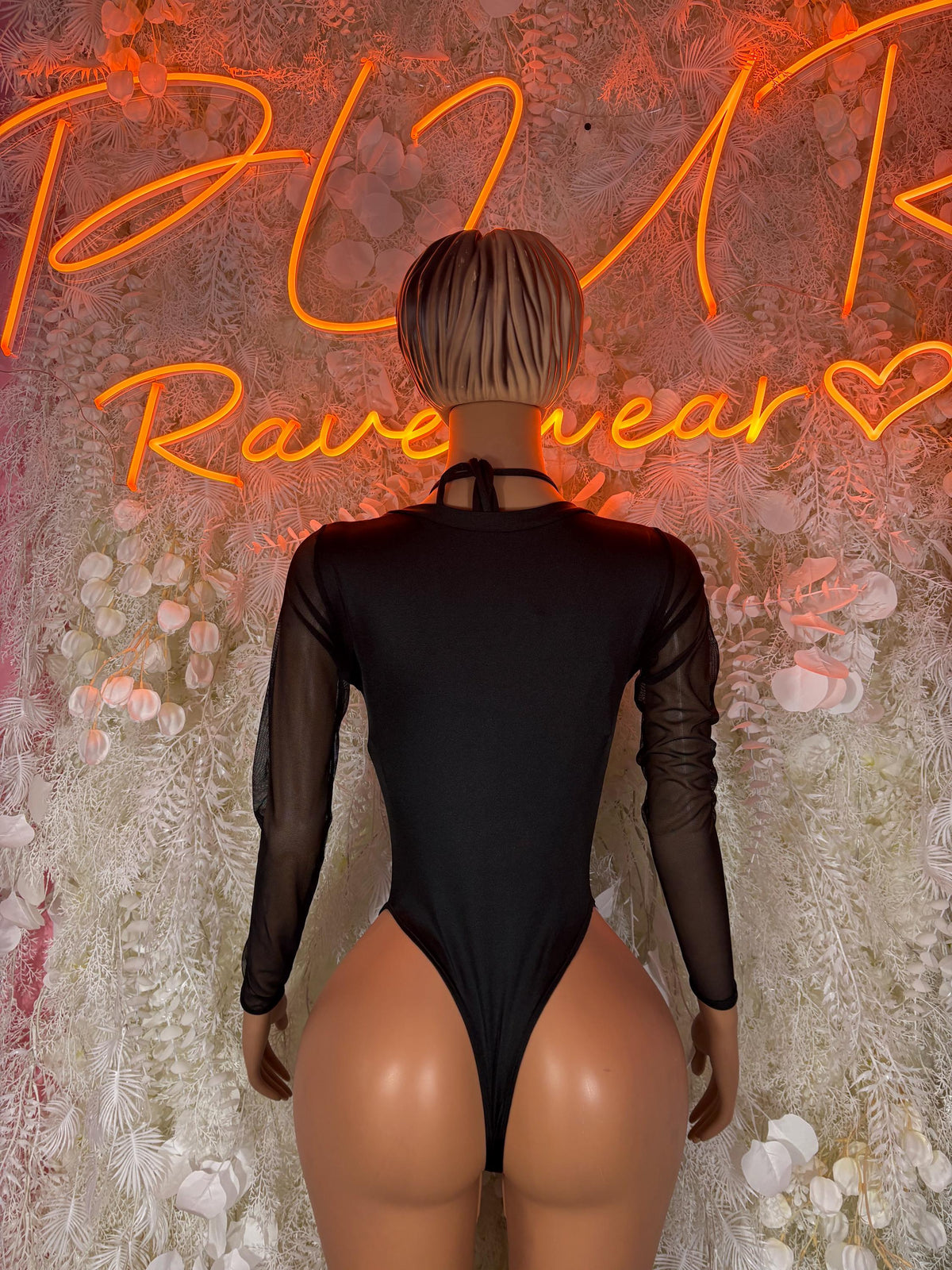Black bodysuit back view with long sheer mesh sleeves and smooth back