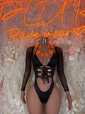 Black sheer-sleeve bodysuit with lace-up front and high-cut leg