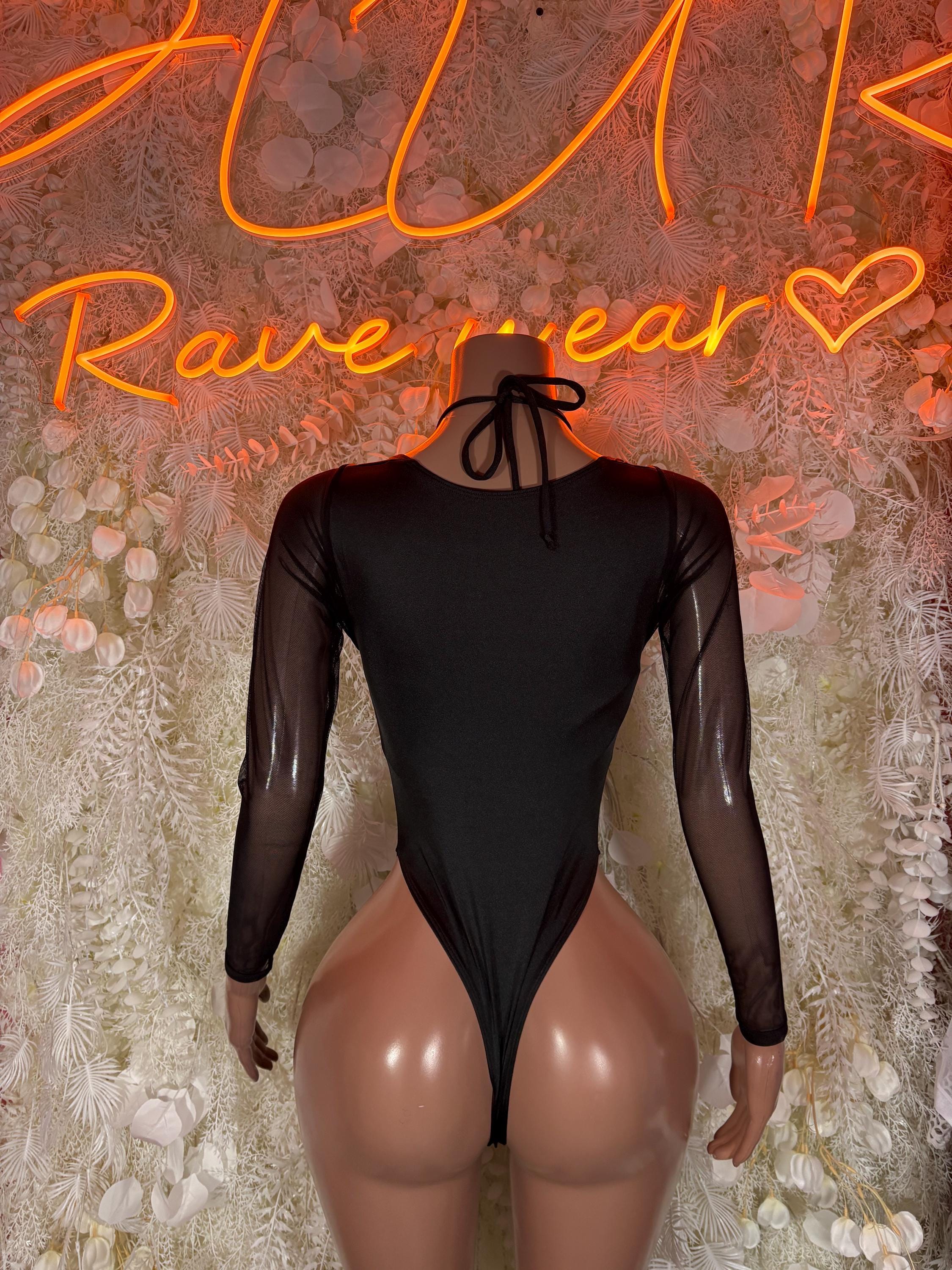 Black sheer long-sleeve bodysuit with halter tie and high-cut leg