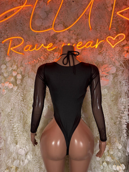 Black sheer long-sleeve bodysuit with halter tie and high-cut leg