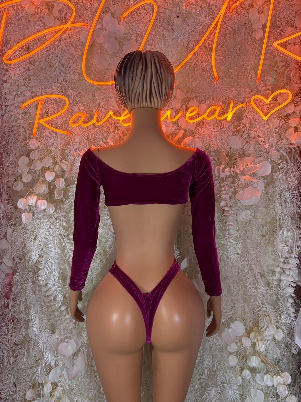 Burgundy velvet two-piece bartender outfit, back view: long-sleeve cropped top and high-cut bottoms