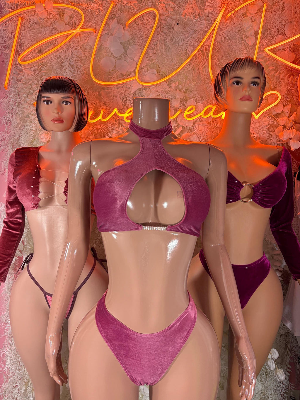 Burgundy velvet two-piece outfit with keyhole cutout bra top, long sleeves, and matching briefs