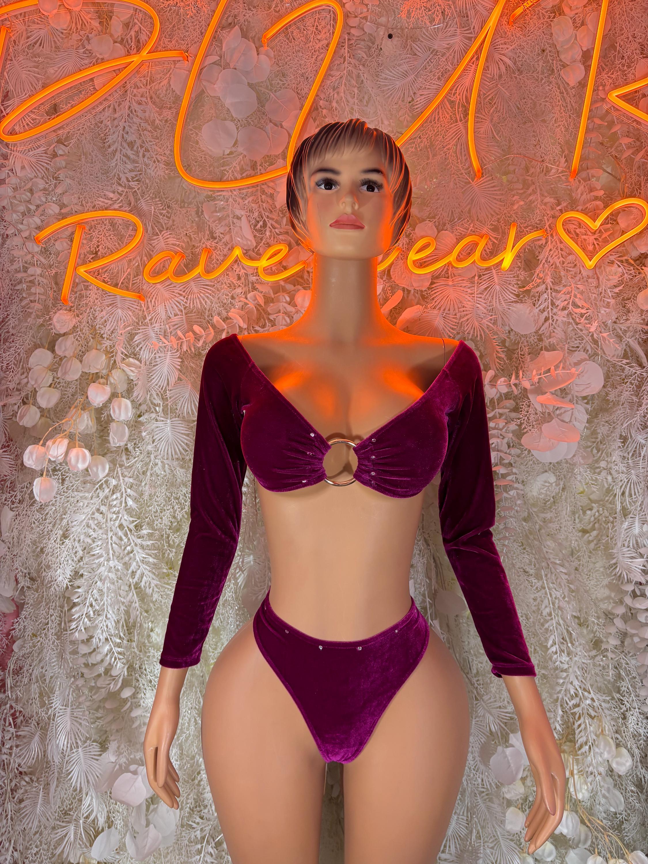 Burgundy velvet two-piece bartender outfit: long-sleeve bra top with bow and matching bottoms