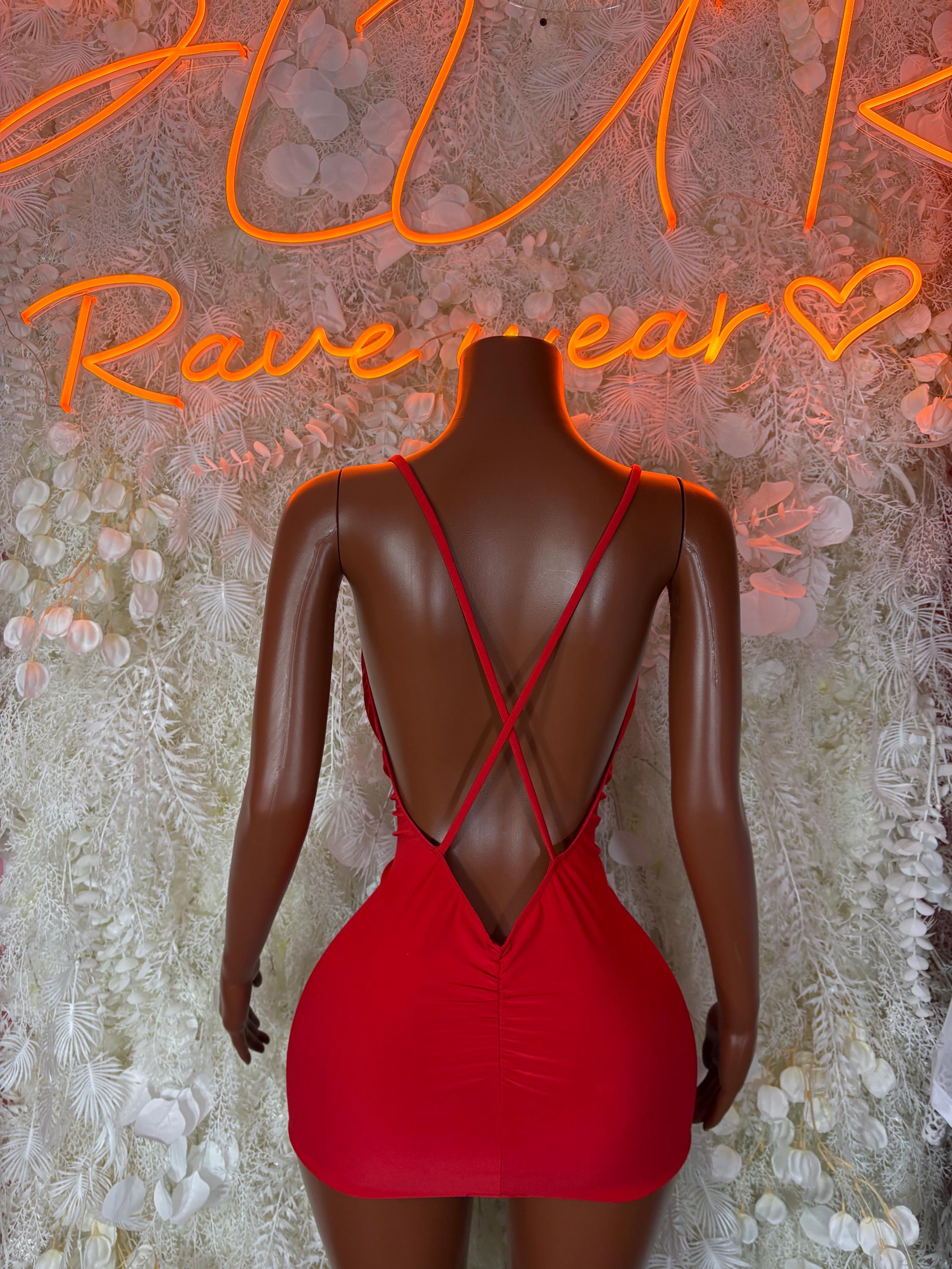 Red mini dress back with crisscross straps and ruched drape bodice