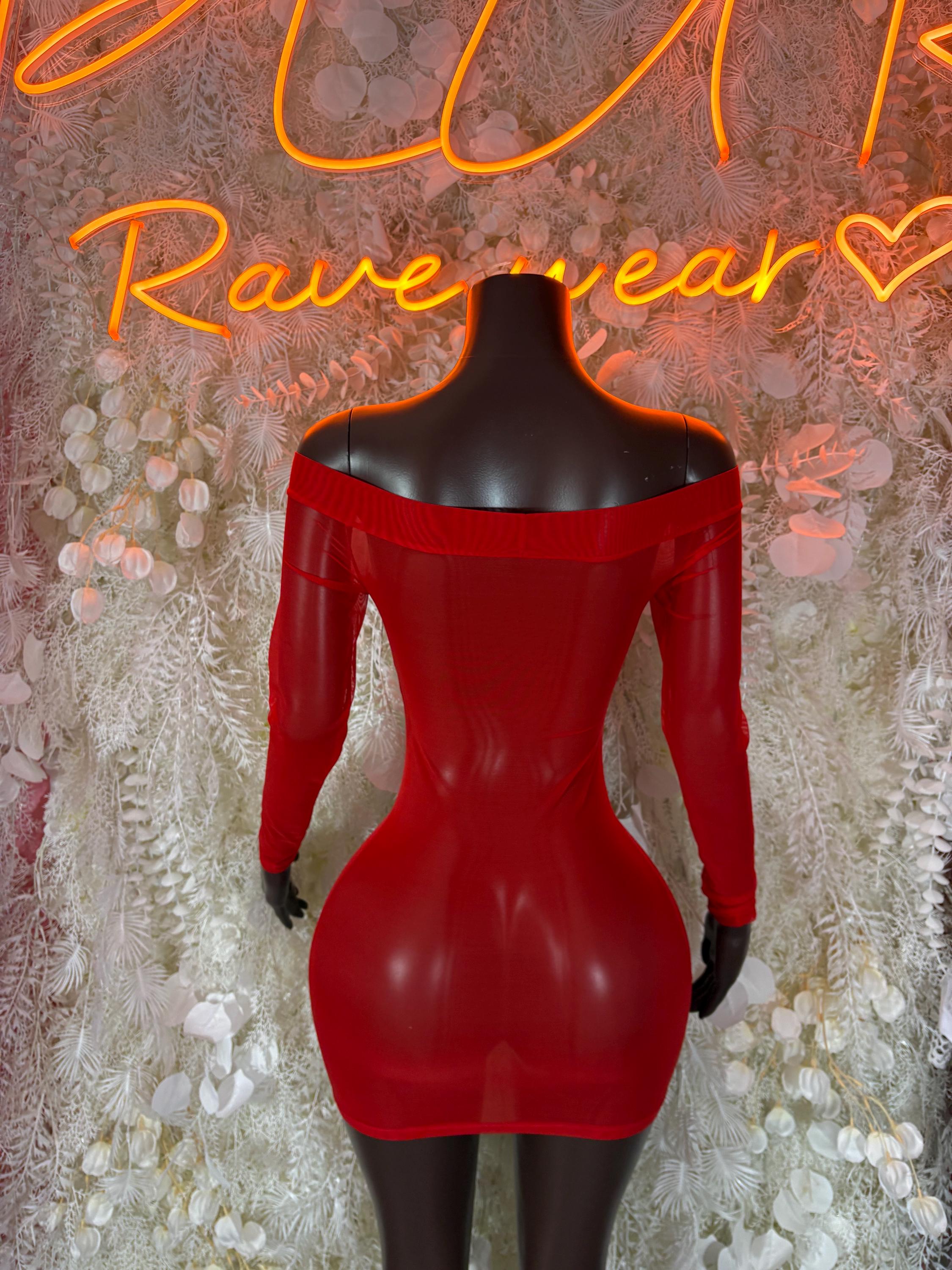 Red off-shoulder long-sleeve bodycon mini dress with sweetheart neckline