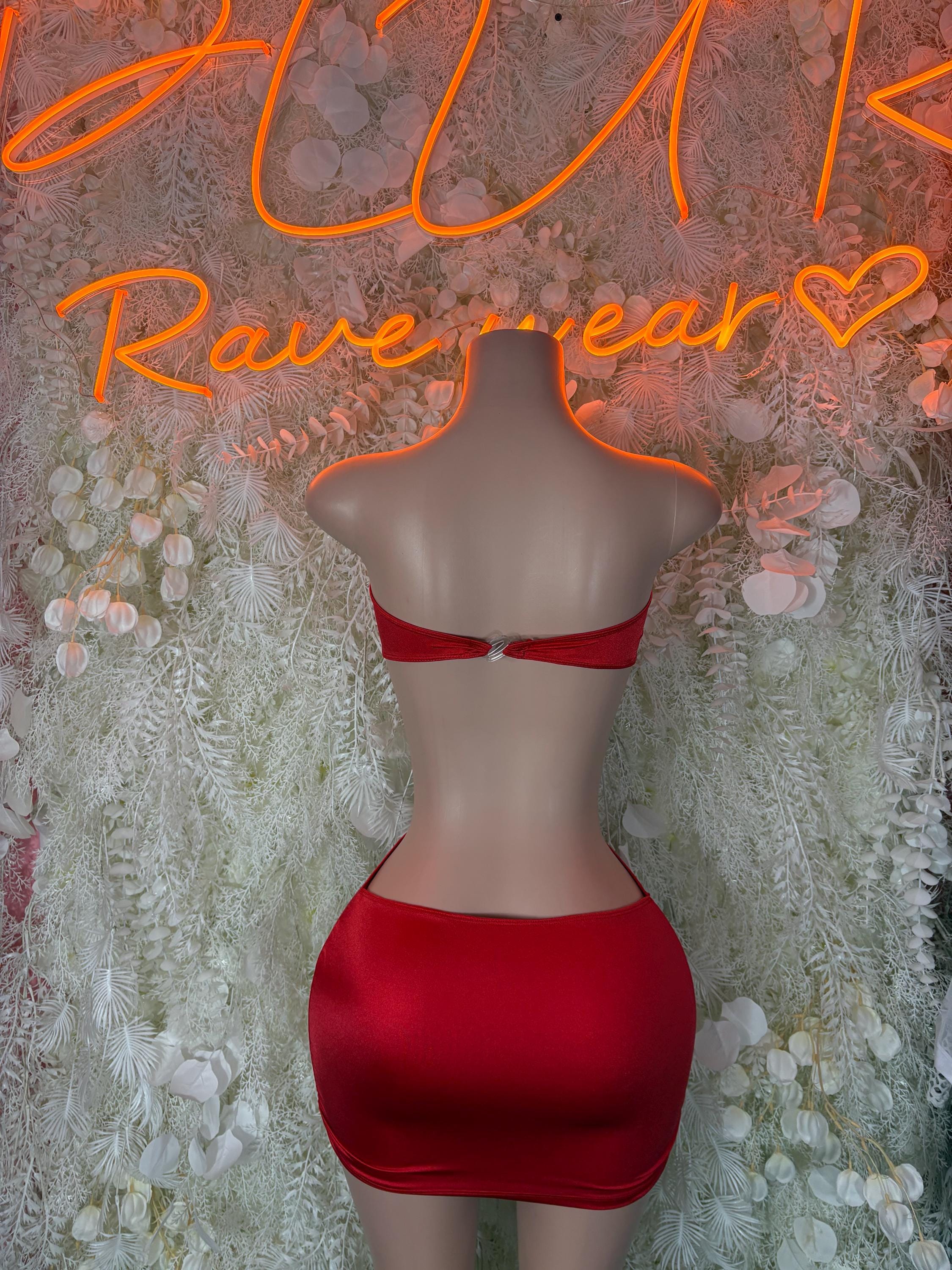 Red strapless sweetheart mini dress with fitted bodice and short bodycon skirt (back)