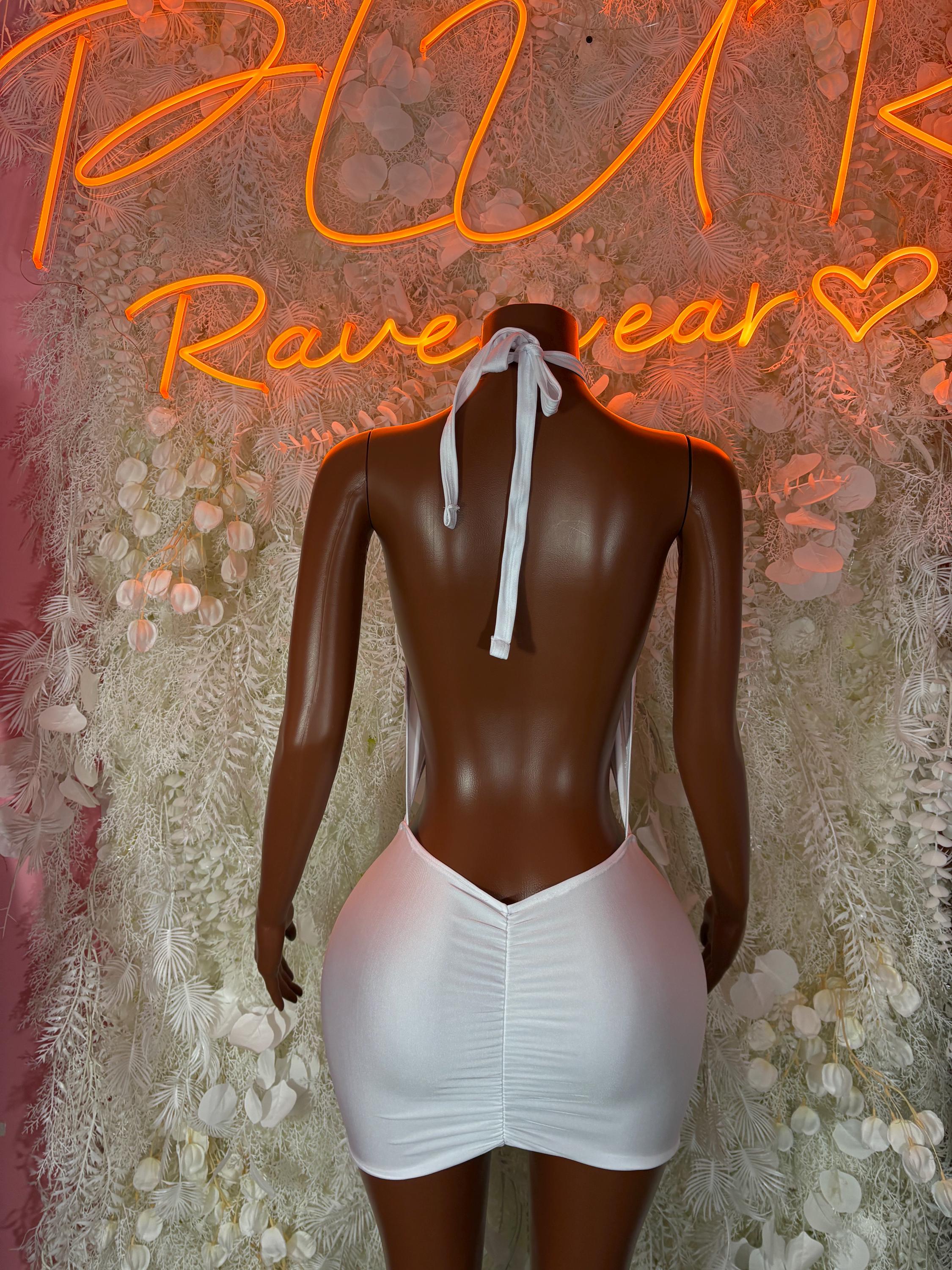 White halter mini dress with open-back tie straps