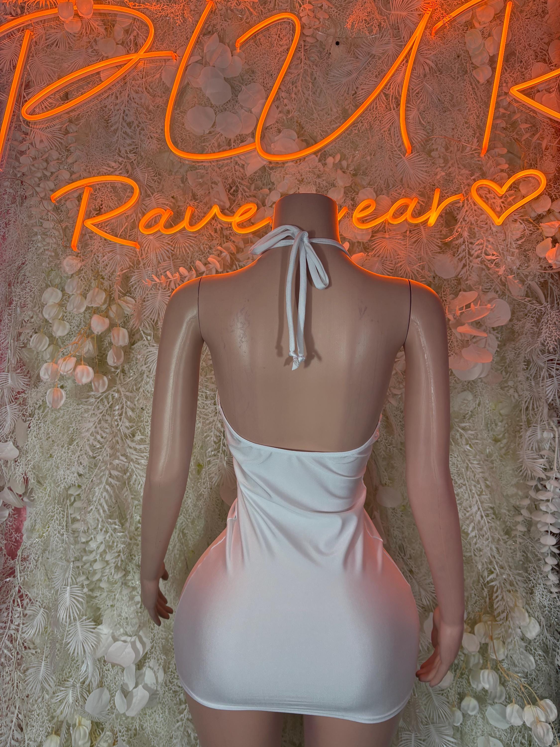 White backless halter mini dress with tie-back and ruched straps
