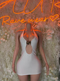 White halter mini dress with oval chest cutout and ring detail