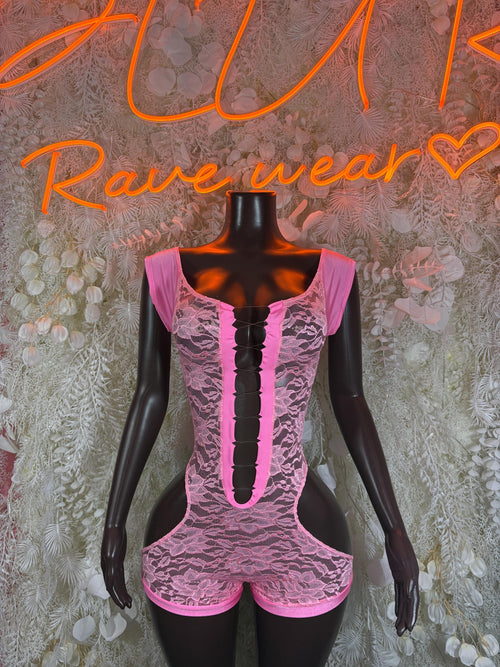 Pink lace bodysuit with long black lace-up panel at center front