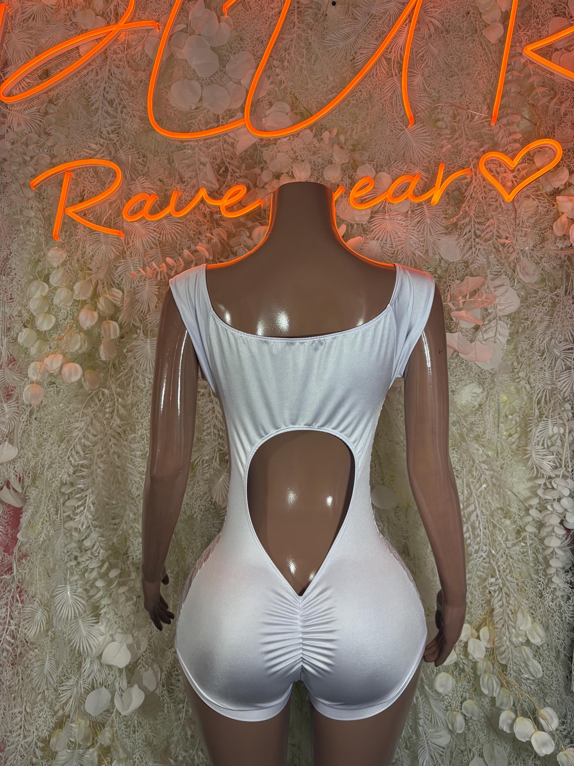 White ruched bodysuit with square neckline and heart-shaped chest cutout
