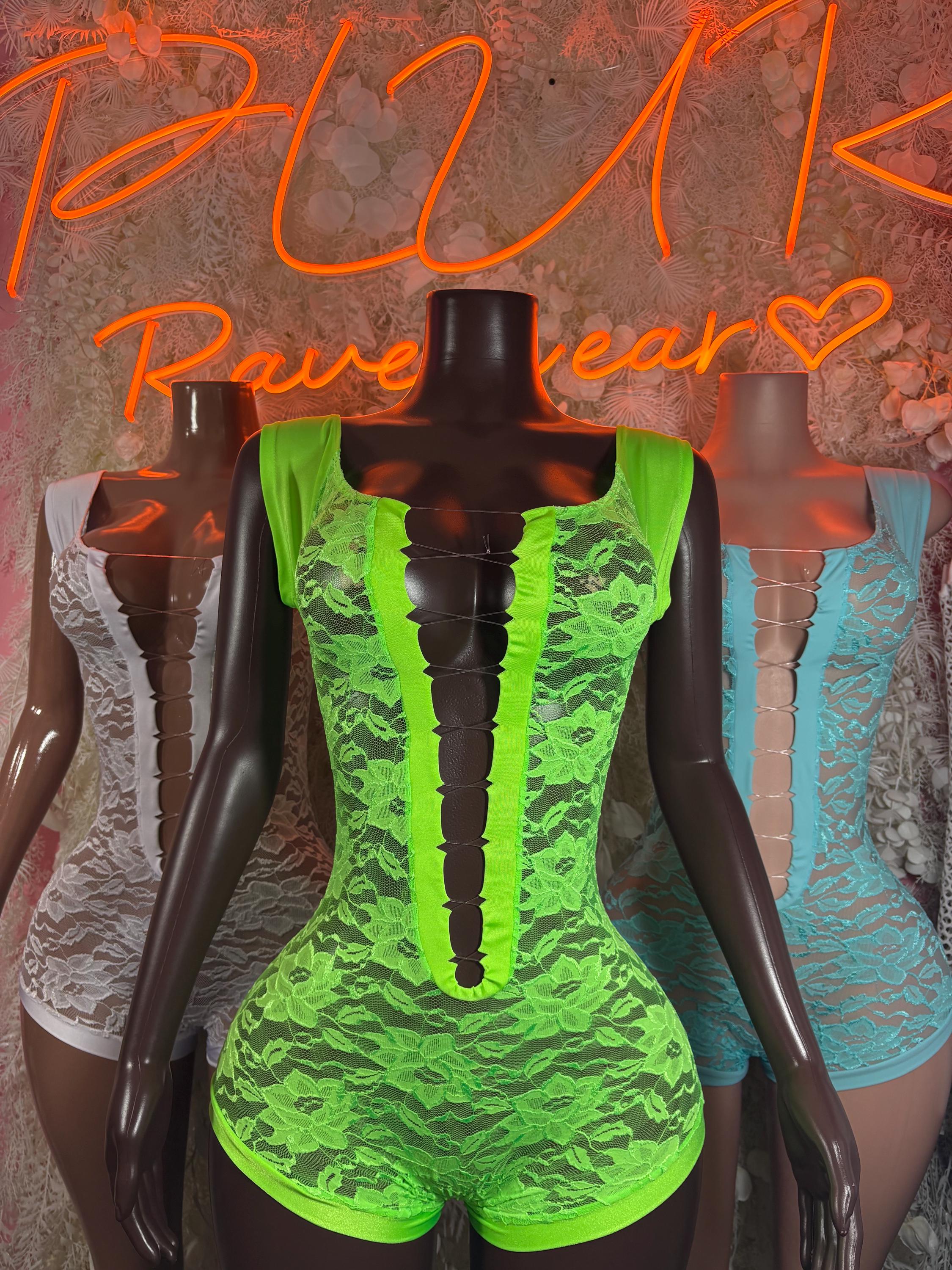 Neon green lace bodysuit with sleeveless fit, deep V front, and vertical center cutout