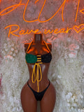 Jamaican flag two-piece carnival costume: green and yellow triangle top, black thong bottoms