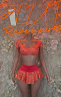 Coral cheetah-print rave set with off-shoulder crop top and flared mini skirt