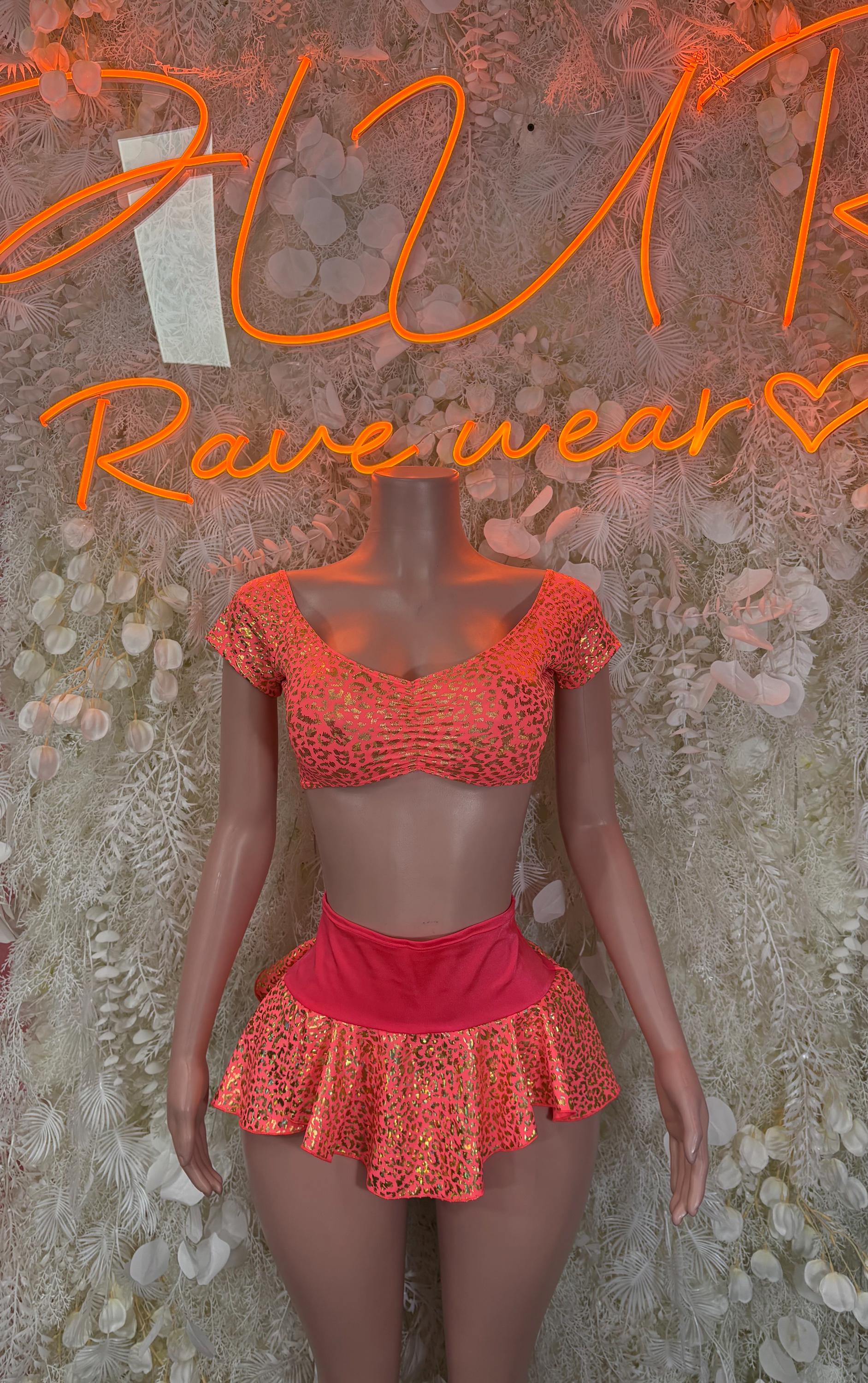 Coral cheetah-print rave set with off-shoulder crop top and flared mini skirt