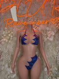 Blue snake-print two-piece festival outfit, triangle bikini top and high-cut bottom