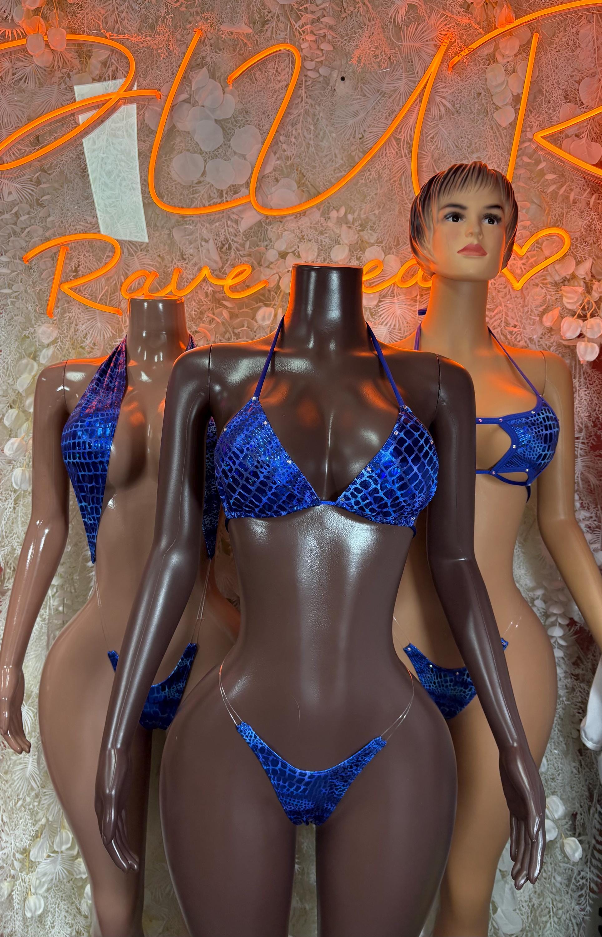 Blue snake-print bikini with triangular cups and skimpy briefs, angled close-up