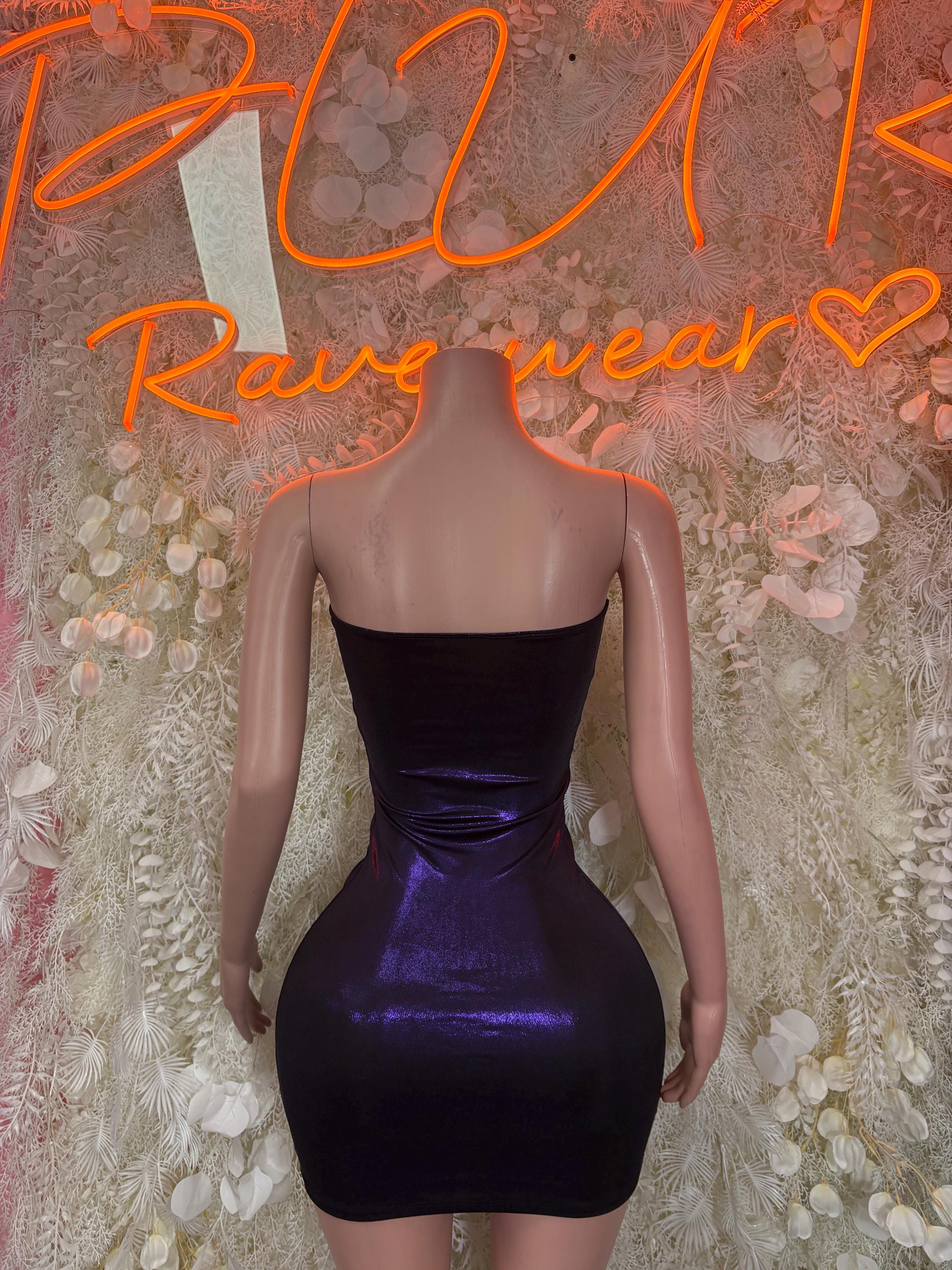 Metallic mini dress, dark purple/black, ruched back and fitted body, sleeveless