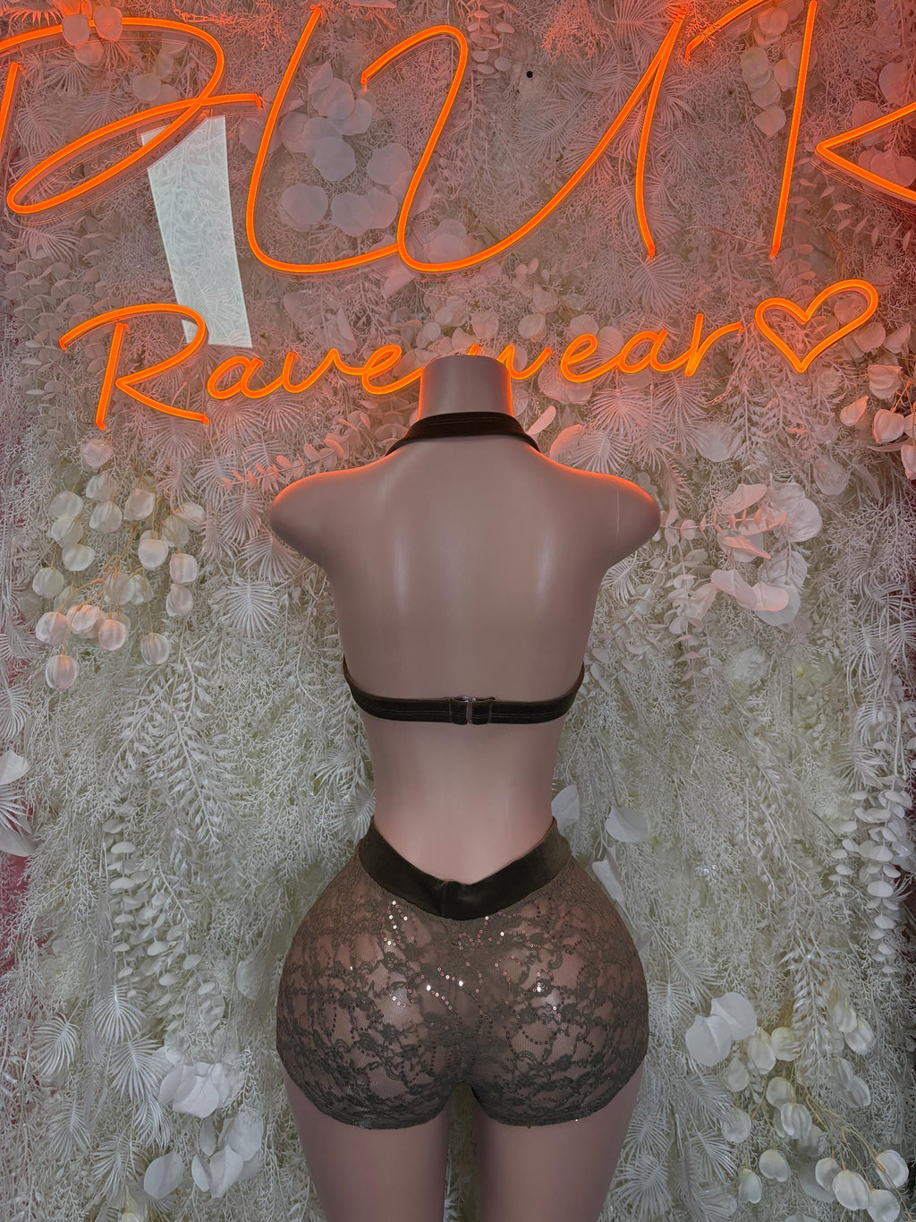 Olive lace two-piece set with triangle bra back and matching high-waist shorts