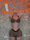 Olive lace two-piece set with underwire triangle bra and matching high-waist shorts