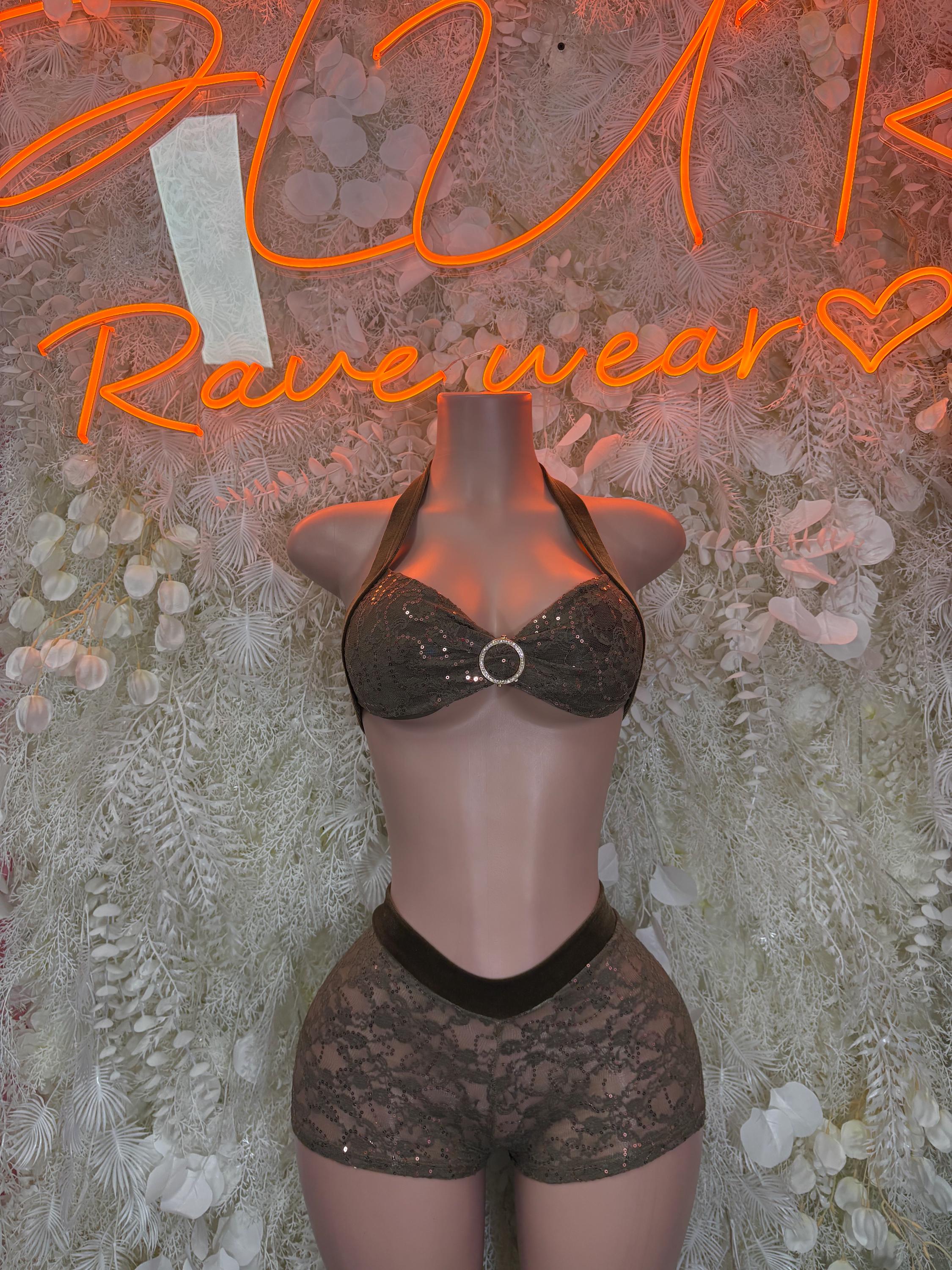 Olive lace two-piece set with underwire triangle bra and matching high-waist shorts