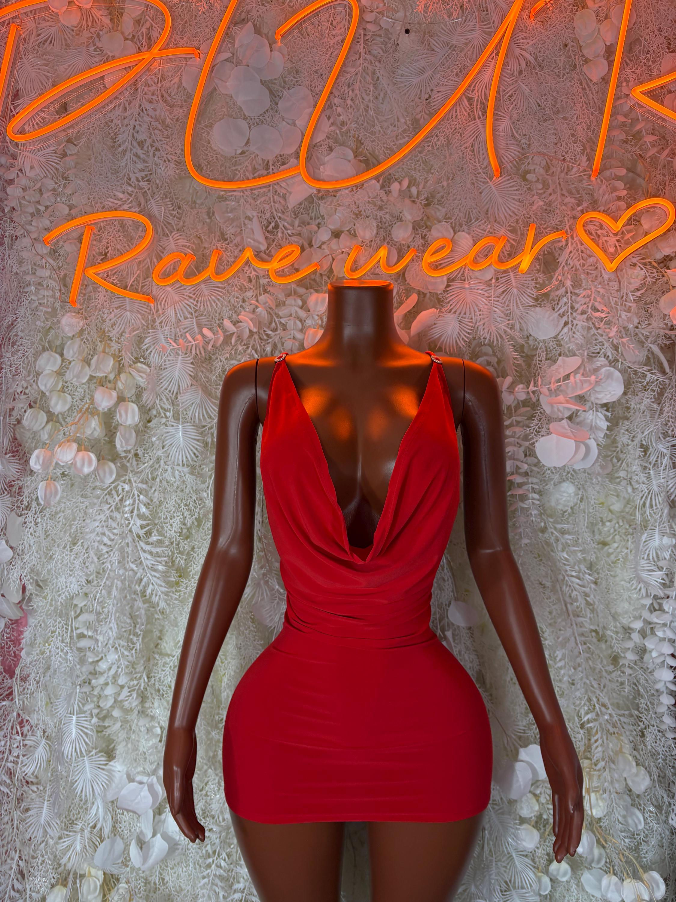 Red plunge-neck mini dress with draped cowl front and thin V straps