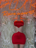 Red strapless sweetheart mini dress with fitted bodice and short bodycon skirt