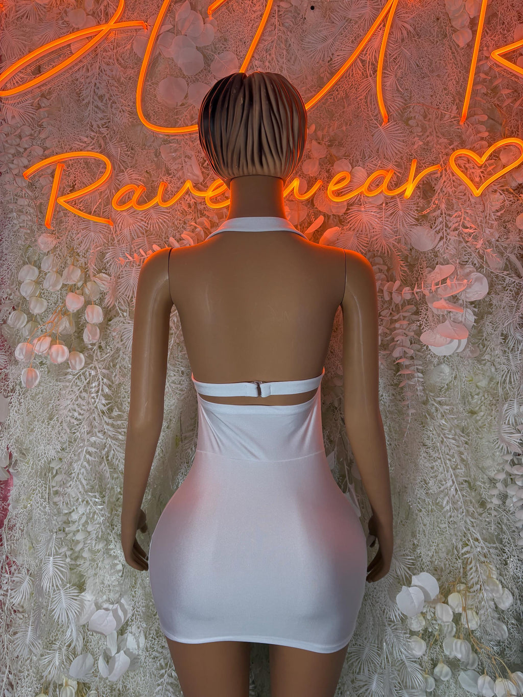 White mini dress back view, exposed back with slim straps and lace-trim top
