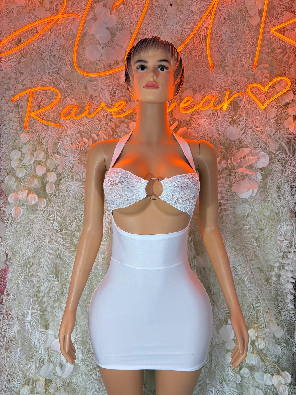 White festival mini dress with lace bandeau and halter straps, backless cutout