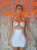 White festival mini dress with lace bandeau and halter straps, backless cutout