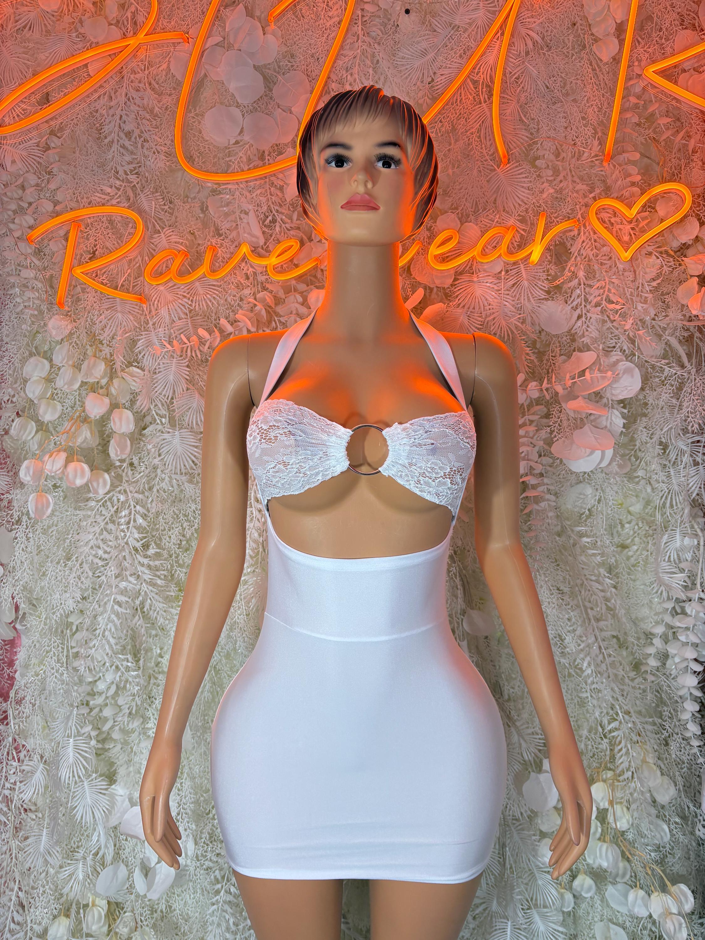White festival mini dress with lace bandeau and halter straps, backless cutout