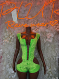Green velvet festival bodysuit with scoop neckline and cutout bodice seams