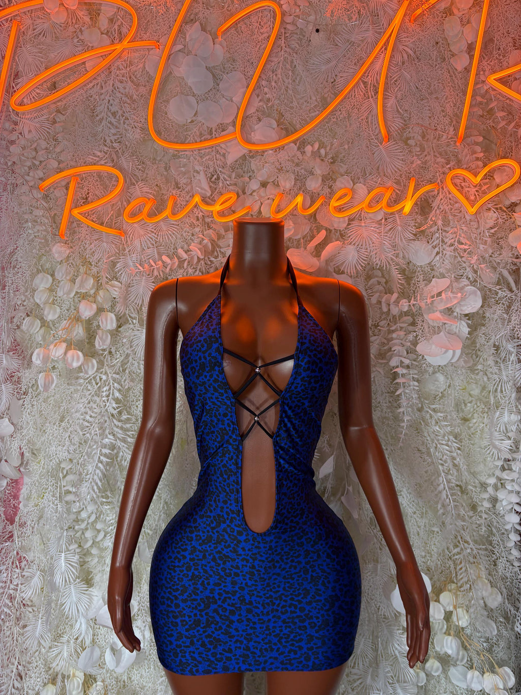 Blue leopard-print mini dress with crisscross lace-up neckline and open back