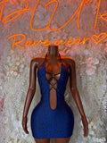 Blue leopard-print mini dress with crisscross lace-up neckline and open back