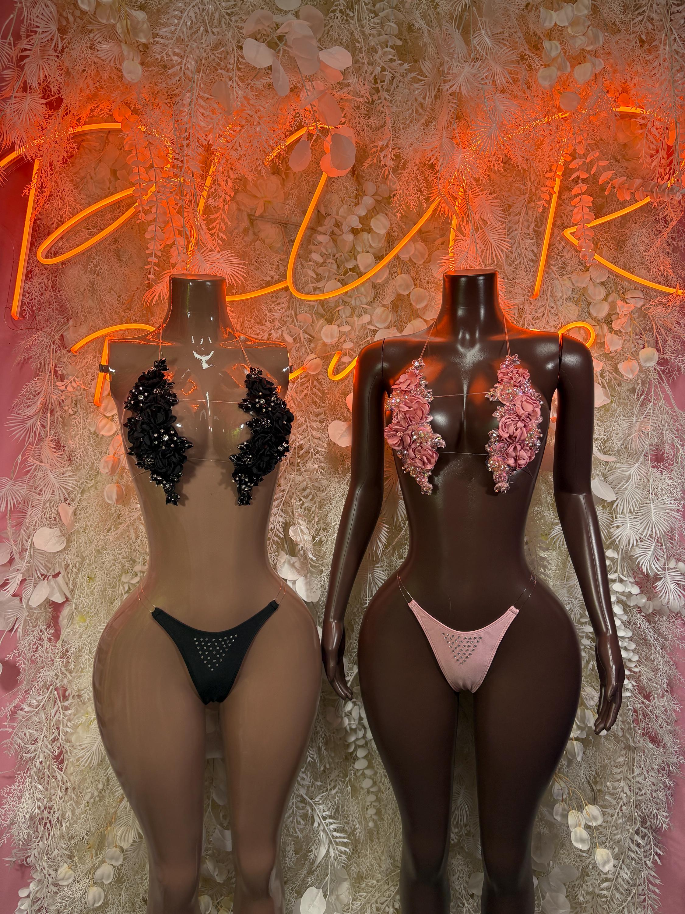 Rhinestone floral bikini set pair: black and pink-studded thong bikinis